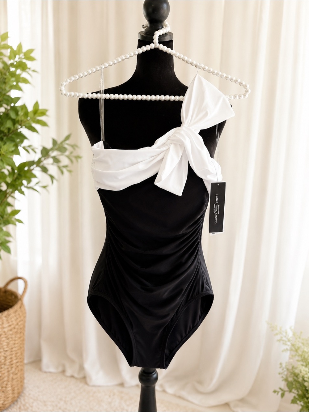 Elegant Black & White Bow One-Piece Swimsuit
